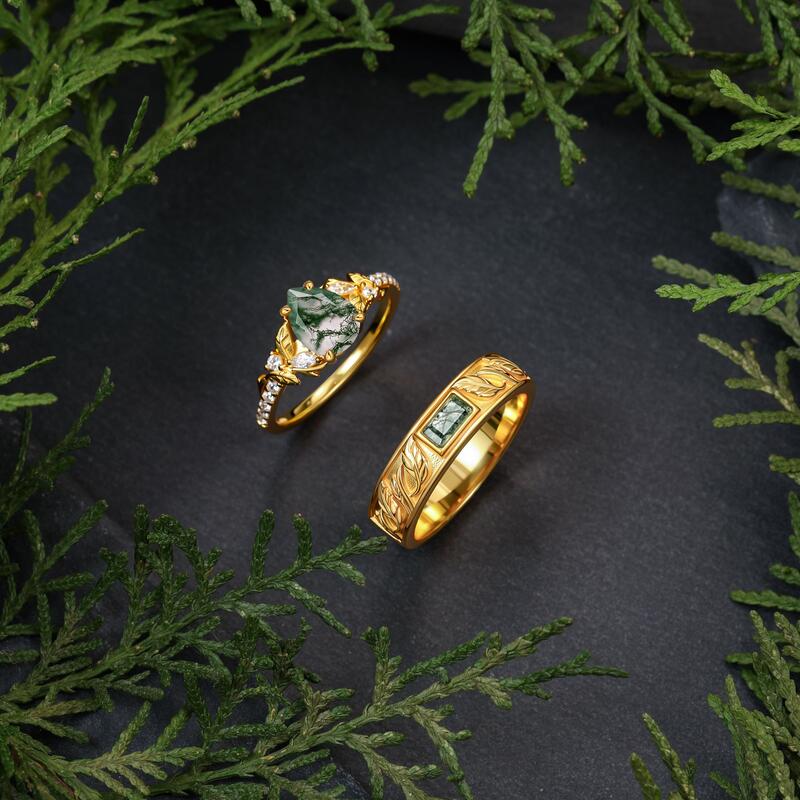 Moss Agate Wedding Rings