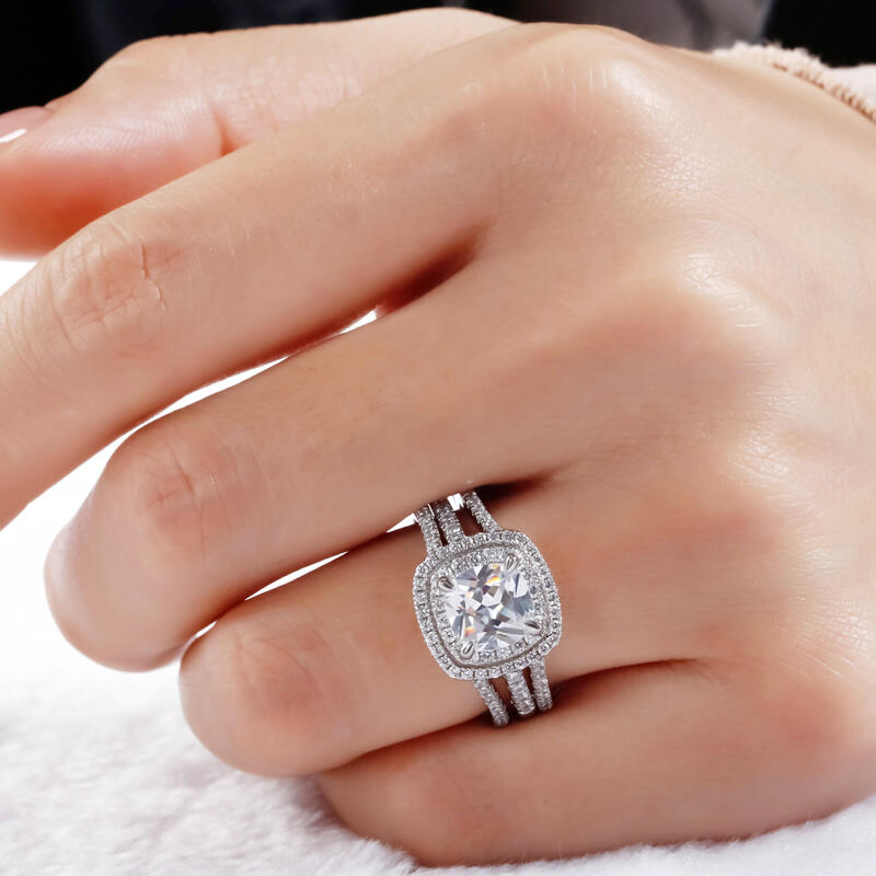 Jeulia dubbele Halo kussen gesneden sterling zilveren ringset