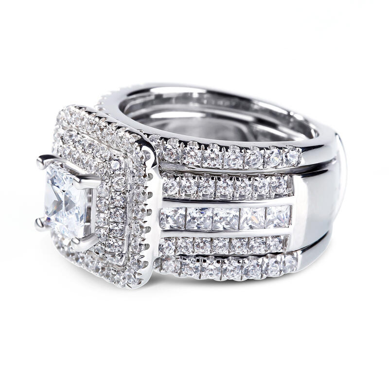 Jeulia Three Halo Princess Cut Sterling Silver Enhancer Ring Set