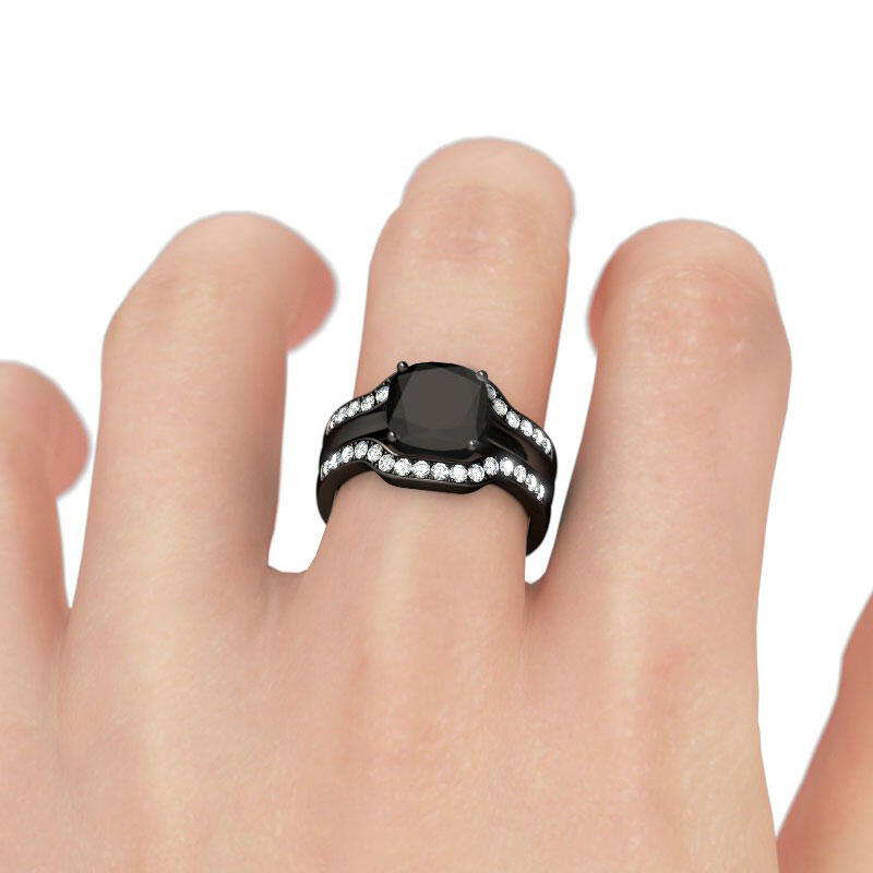 Jeulia Terno De Anillos Con Tono Negro De Talla Cojín En Plata De Ley