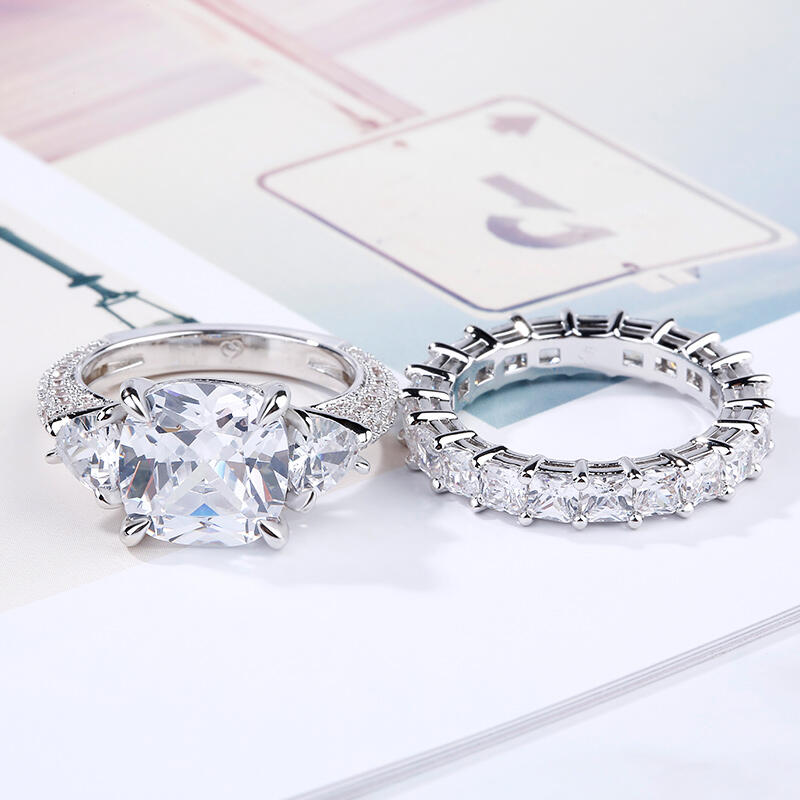 Jeulia Three Stone Cushion Cut Sterling Silver Ring Set