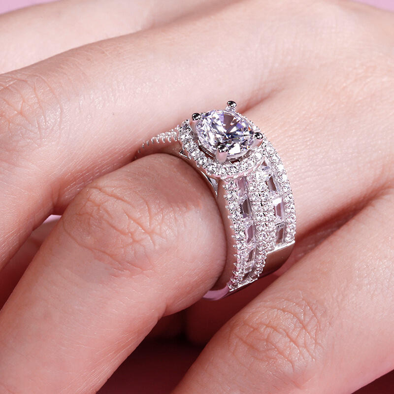 Jeulia Halo Round Cut Sterling Silver Ring Set