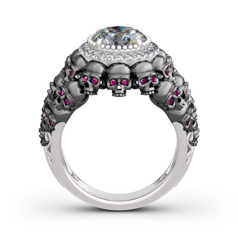 Jeulia Anillo De Calavera De Plata Esterlina Con Talla Redonda De Dos Tonos Con Halo