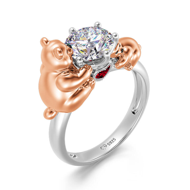 Jeulia Hug Me "Naughty Little Kid" Mom and Baby Bear Round Cut Sterling Silver Ring