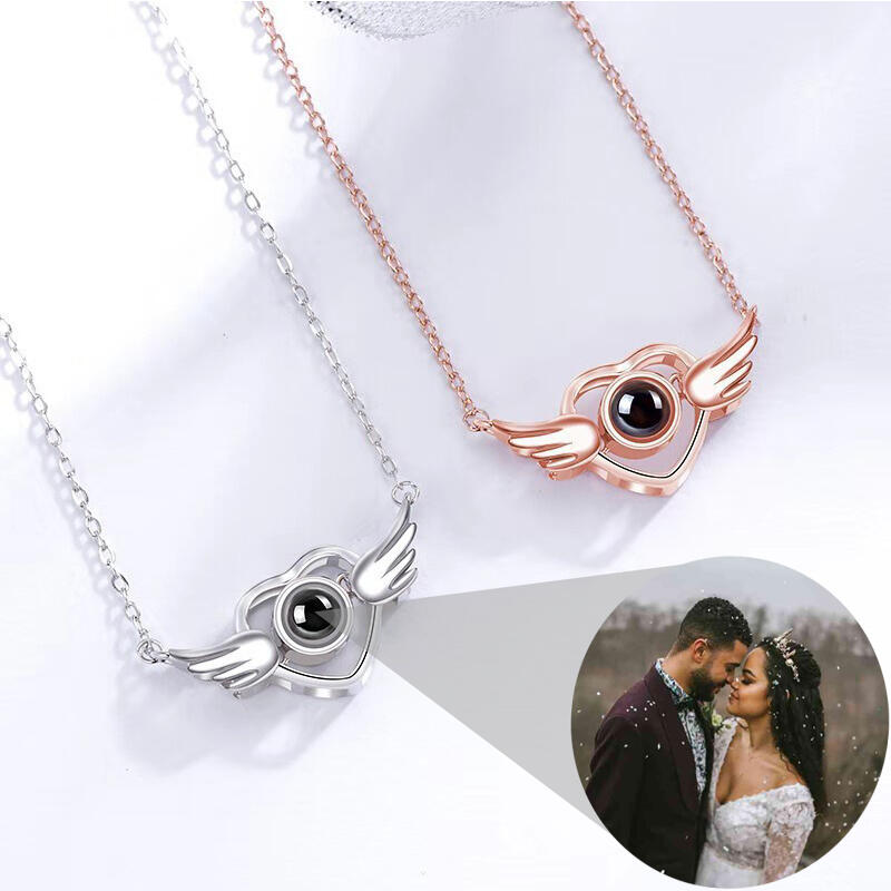 Collana Con Medaglione Personalizzabile Girasole O Ali D'Angelo | Ciondolo A Cuore Con Foto Incisa | Regalo Per Donna