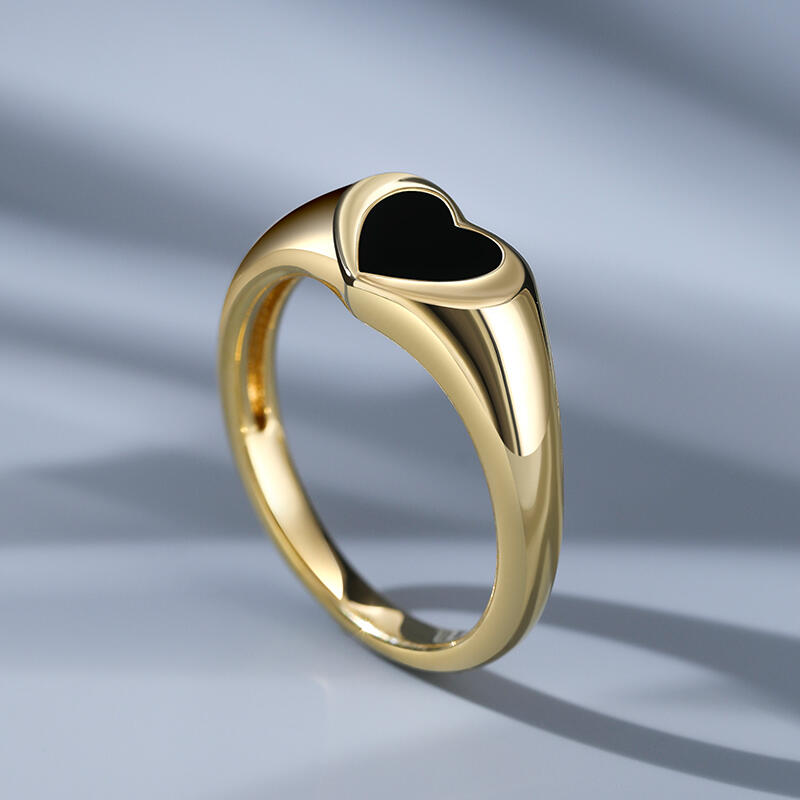 Jeulia Anillo Fino de Sello de Plata de Ley Pequeño Corazón Negro