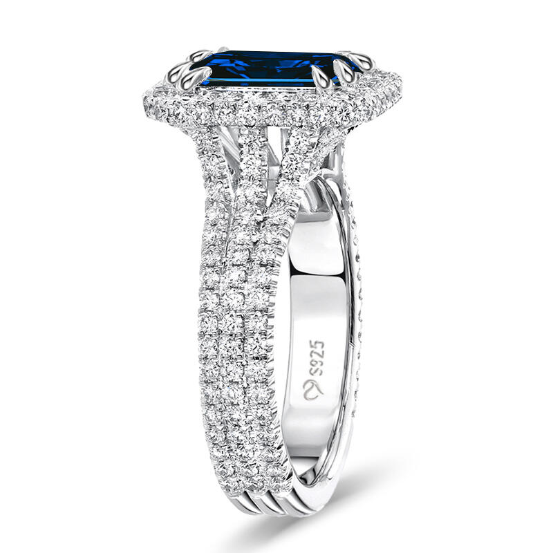 Jeulia "Captivating Brilliance" Emerald Cut Halo Sterling Silver Ring