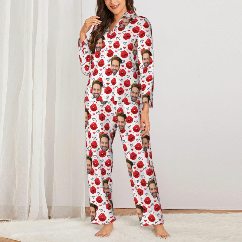 Personalized Pajamas Custom Couple Photo Hot Kiss Heart Pattern Design Perfect Gift for Lovers