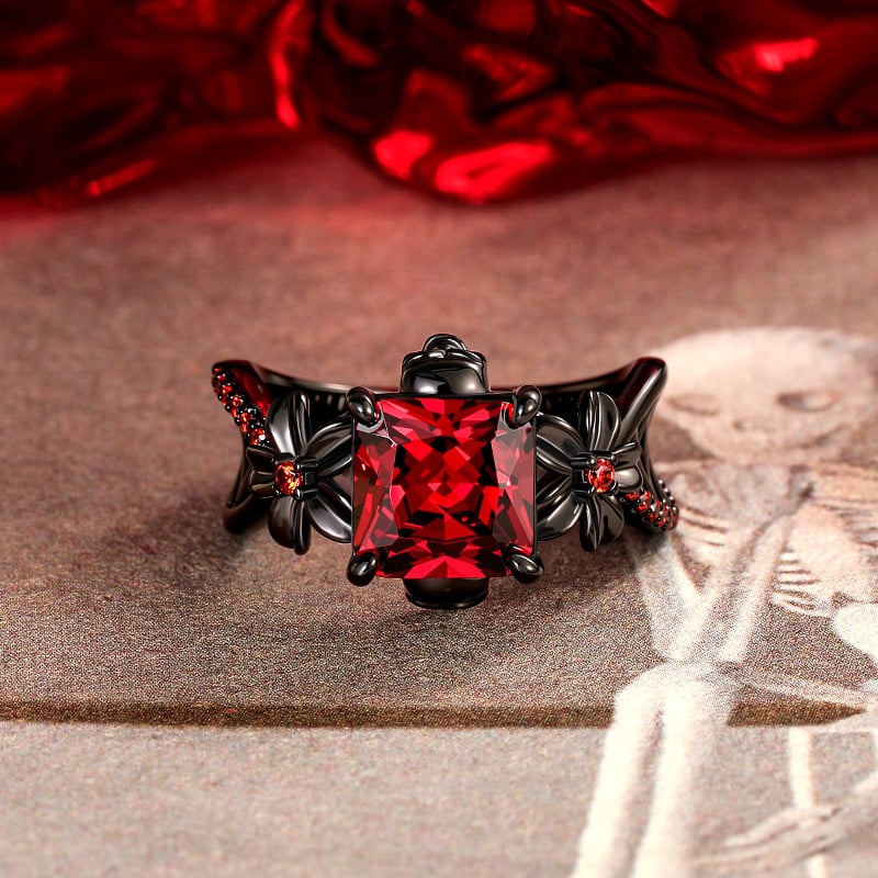Jeulia Ruby Rings Jeulia Floral Radiant Ruby Gothic Black Skull Ring Hollow Shank ...