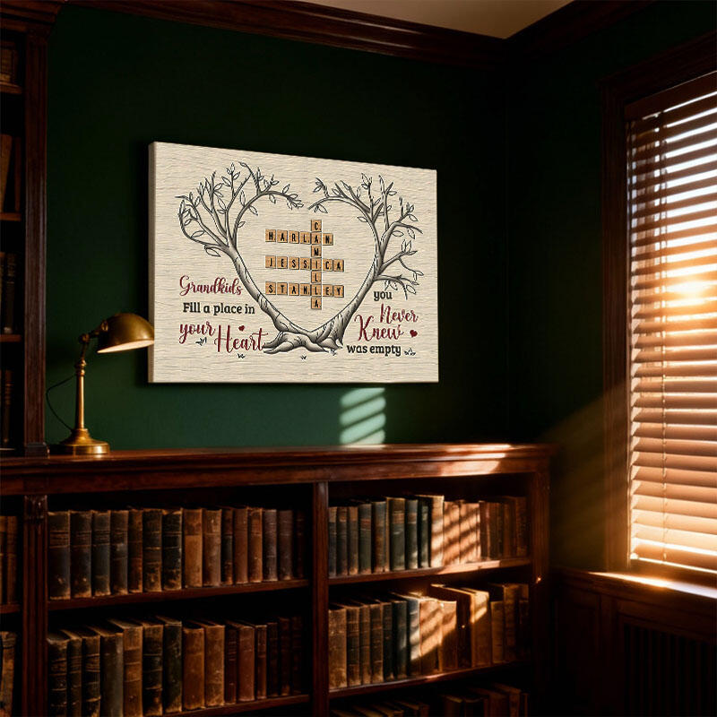 Personlig väggdekoration i canvas med namn och korsord samt träd Bästa presenten till mor- och farföräldrar