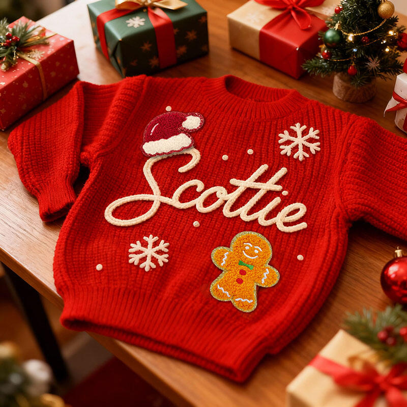 Personlig handgjord tröja med namn och snöflingemönster en värdefull present till barn