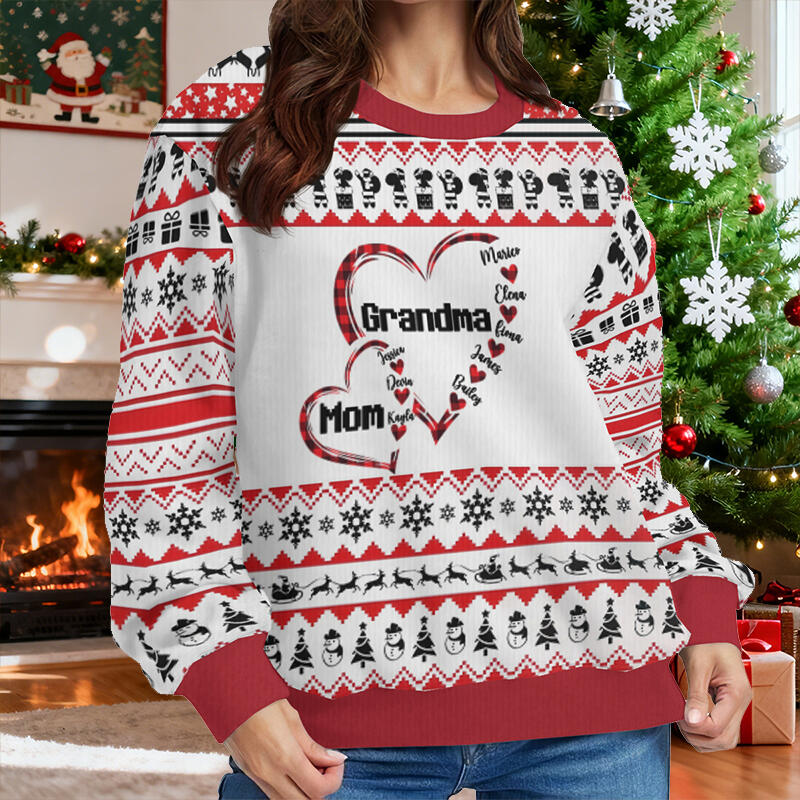 Personalized Ugly Sweater Unisex Custom Kids Name Heart Design Perfect Christmas Gift for Mom and Grandma