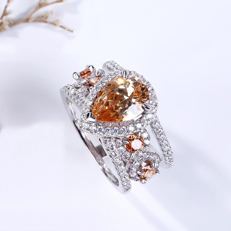 Jeulia Conjunto De Anillos Con Halo De Talla Pera En Plata De Ley