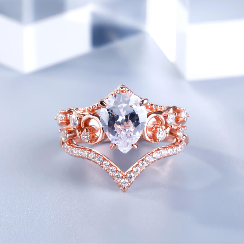 Jeulia Rose Gold Tone Pear Cut Sterling Silver Ring Set