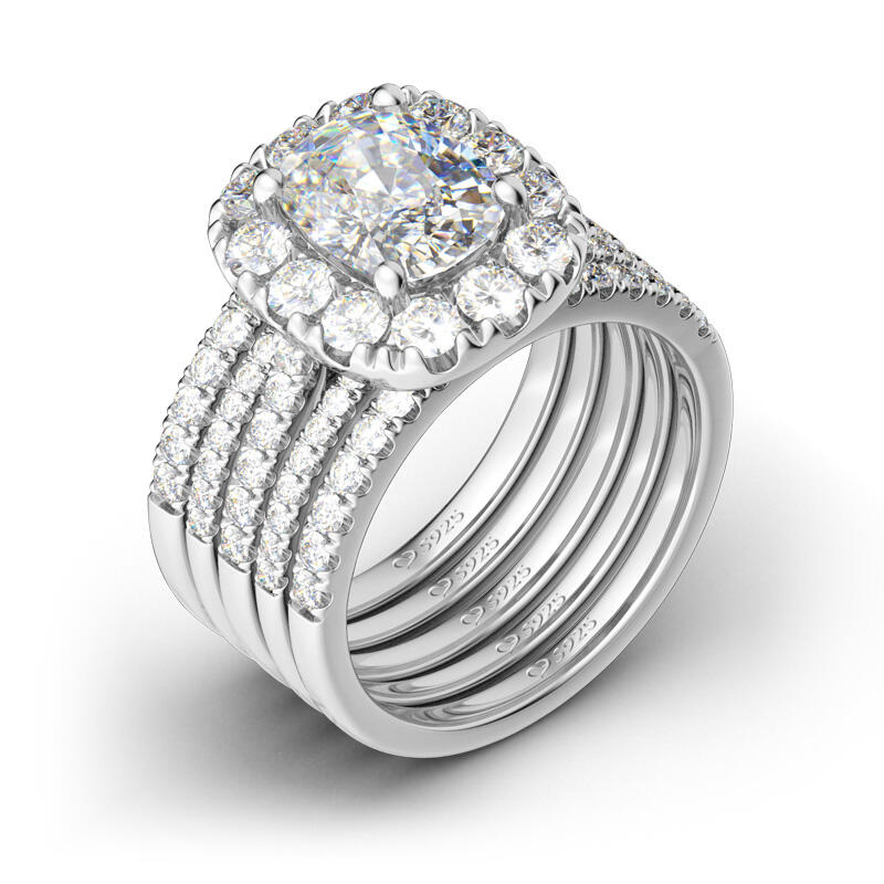 Jeulia 5PC Halo Cushion Cut Sterling Silver Ring Set