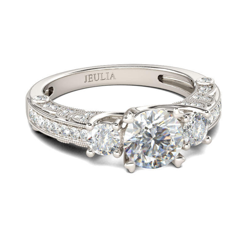 Jeulia Milgrain Three Stone Round Cut Sterling Silver Ring