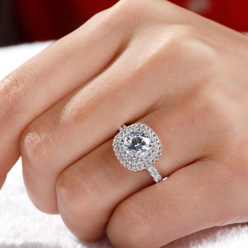 Jeulia Anillo Clásico Con Halo De Dos Tonos De Talla Redonda En Plata De Ley