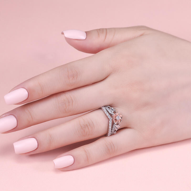 Jeulia Rose Gold Flower Promise Ring Set Two Tone Sterling Silver