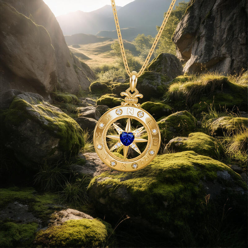 Jeulia Custom Engraved Compass Necklace with Heart Birthstone