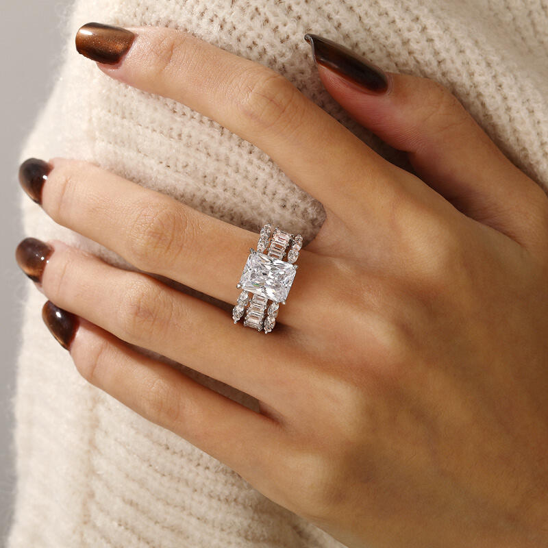 Jeulia Conjunto de Noiva Art Deco Corte Radiante em Prata Sterling