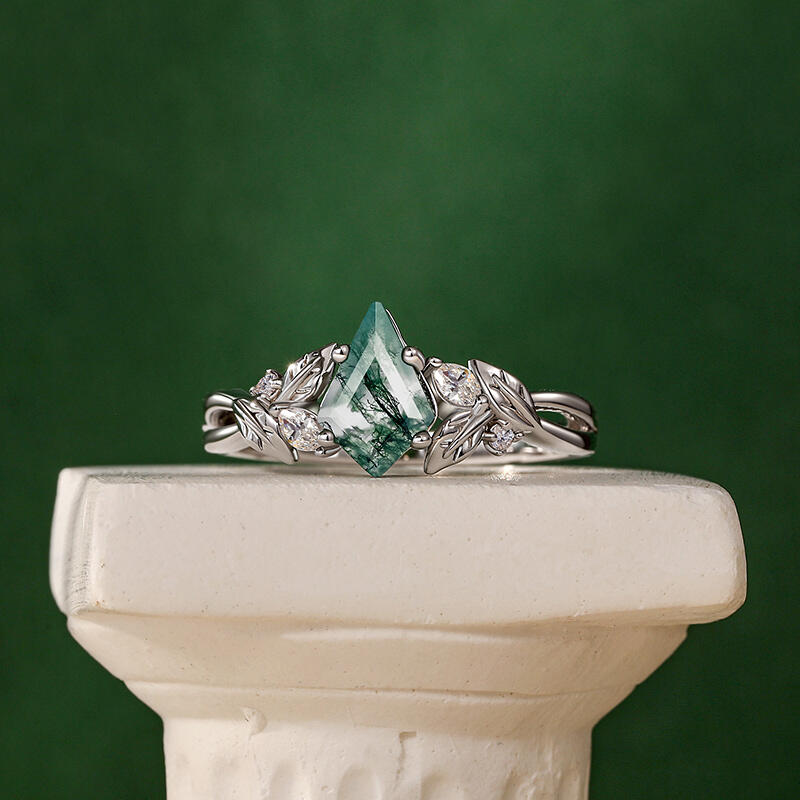 Jeulia Twisted Vine Leaf Kite Cut Moss Agate Engagement Ring