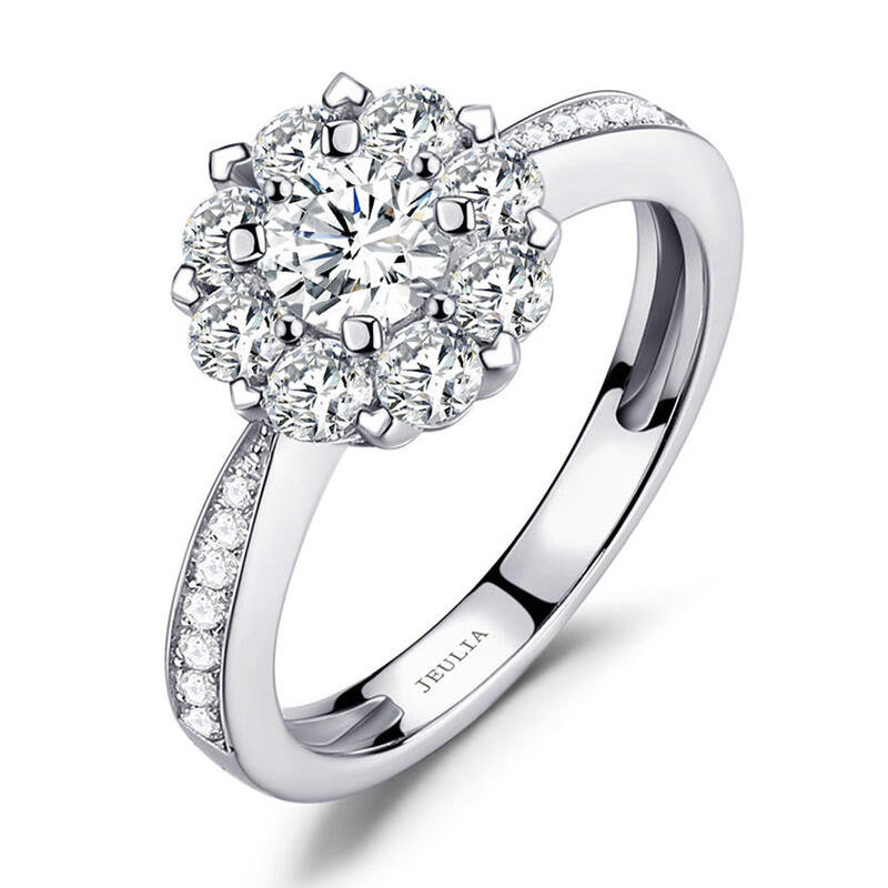 Jeulia Floral Halo Cluster Round Cut Sterling Silver Ring