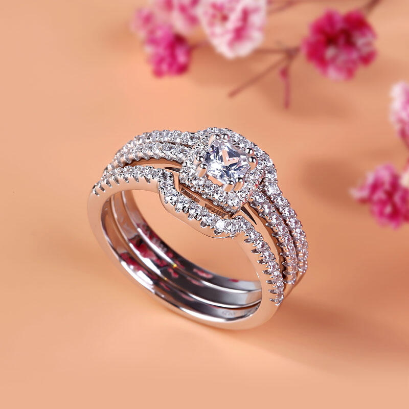 Jeulia Terno De Anillos Con Halo En Plata De Ley