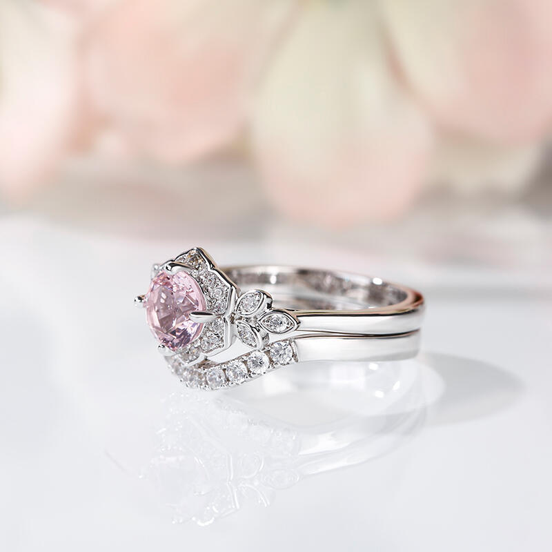Jeulia Flower Design Round Cut Synthetic Morganite Sterling Silver Ring