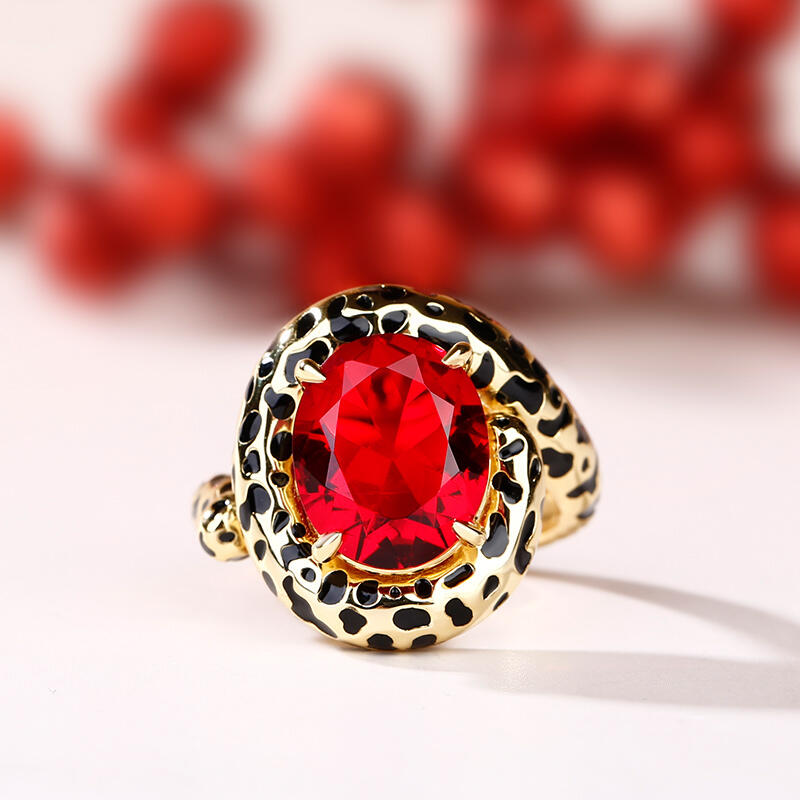 Jeulia Anel de prata esterlina 925 personalizado com estampa de leopardo e lapidação de gema vermelha redonda