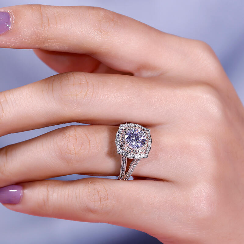 Jeulia Anillo de plata esterlina con halo redondo de dos tonos