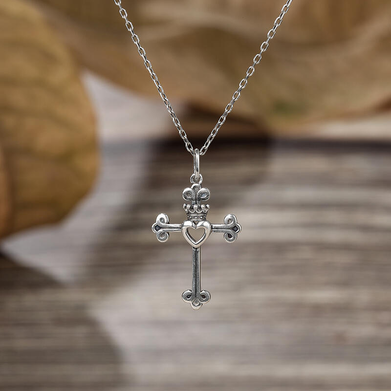 Jeulia "Heart & Crown" Cross Sterling Silver Necklace