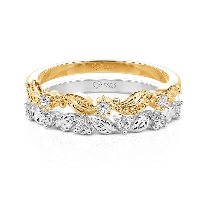 Jeulia Everyday Two Tone Leaf and Flower Stackable Ring Set