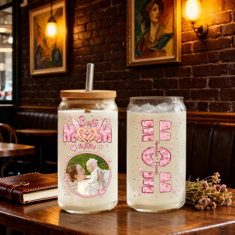 Glazen beker met gepersonaliseerde naam deksel rietje en gepersonaliseerde foto Geweldig cadeau voor moeder