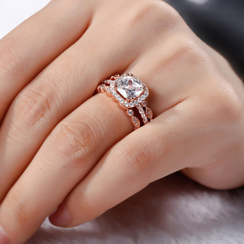 جوليا طقم خواتم هالة الفضة الإسترليني بقطع مربع مجموعة من ثلاث حلقات