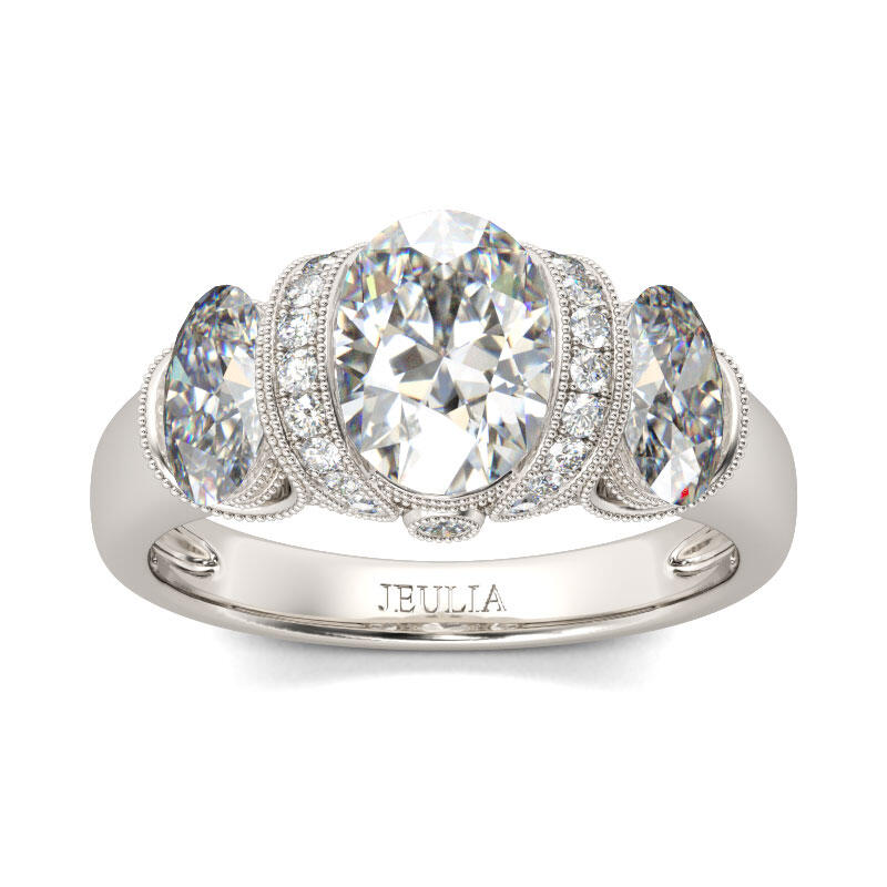 Jeulia Milgrain Three Stone Oval Cut Sterling Silver Ring