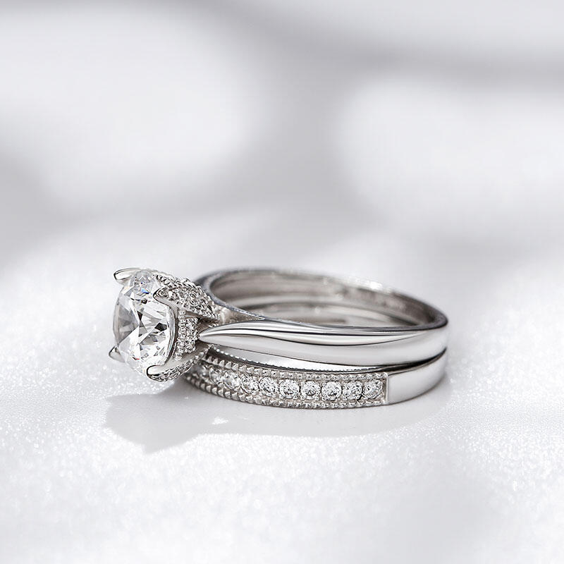 Jeulia Conjunto De Anillos Clásicos De Talla Redonda En Plata De Ley