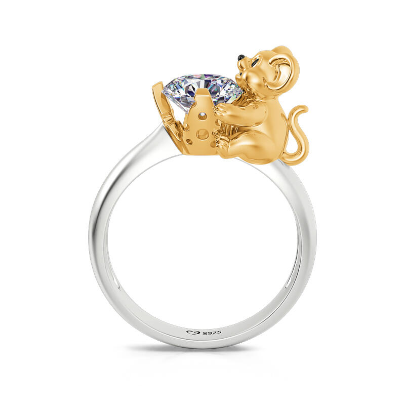 Jeulia Hug Me "Who Moved My Cheese" Mouse Round Cut Sterling Silver Ring