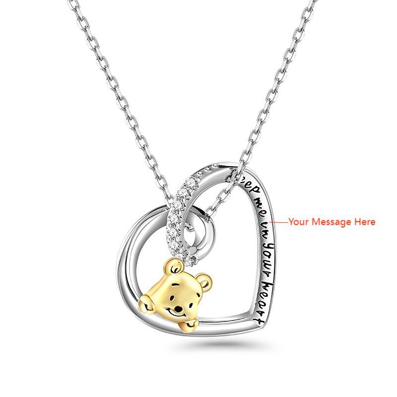 Jeulia Heart Design Cartoon Bear Sterling Silver Engraved Necklace
