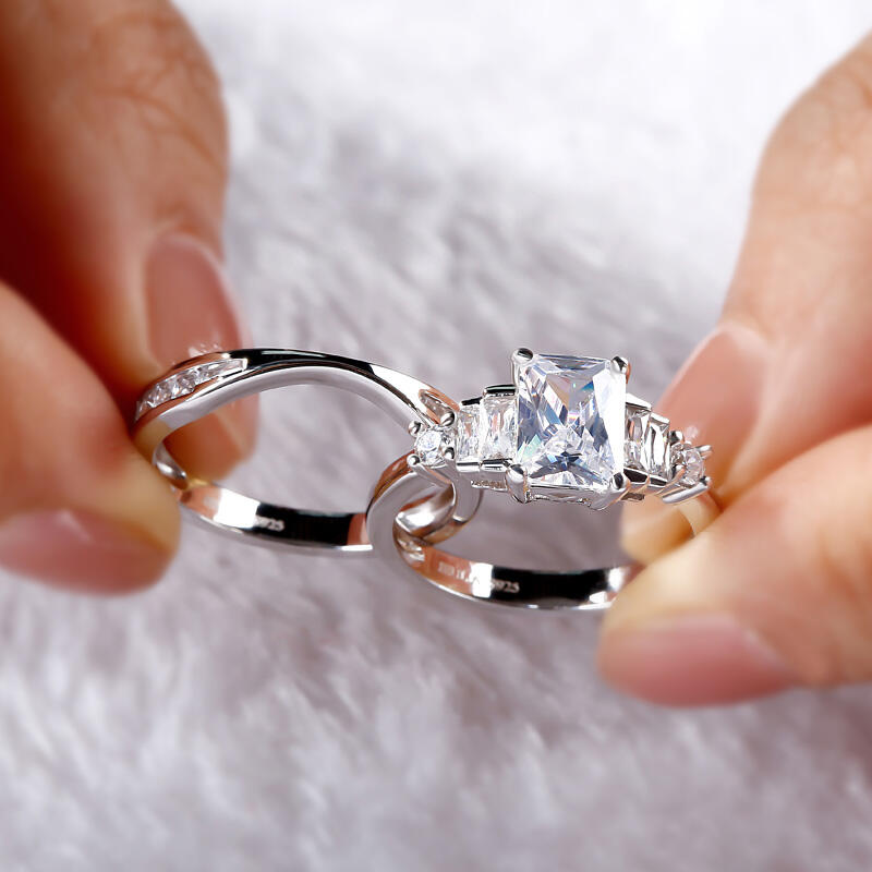 Jeulia Contemporary Design Radiant Cut Sterling Silver Ring Set