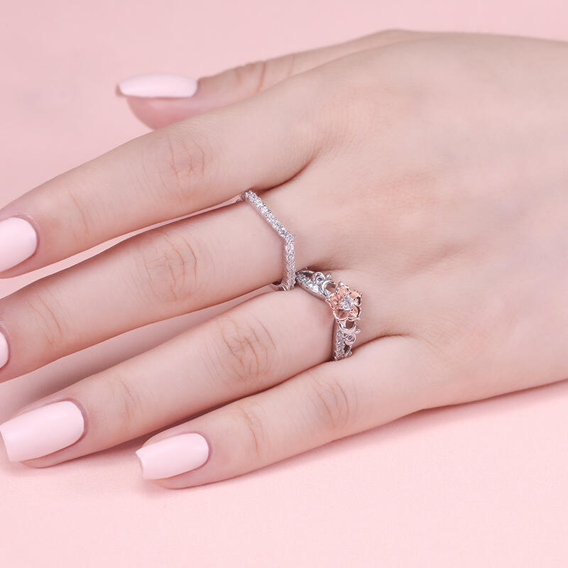 Jeulia Rose Gold Flower Promise Ring Set Two Tone Sterling Silver