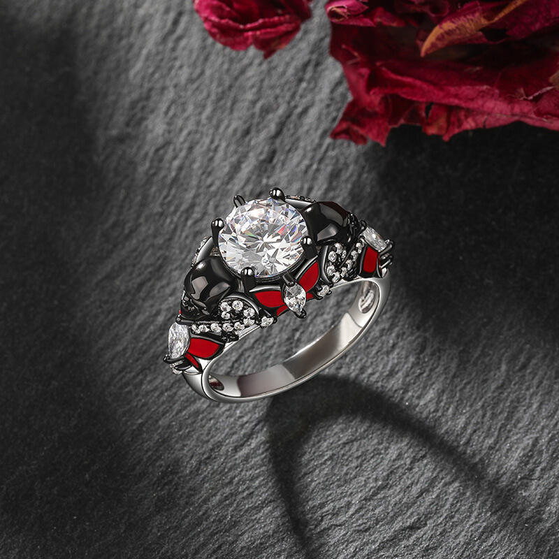 Jeulia ヴィンテージ ブラック スカル バタフライ ウェディングリング スターリングシルバー