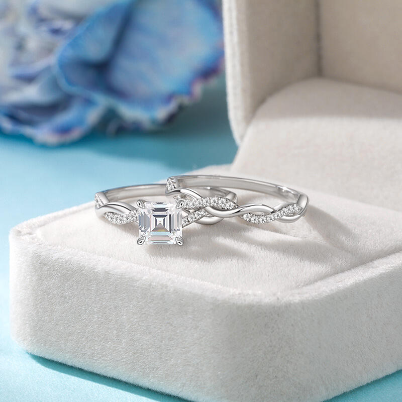 Jeulia Conjunto de Anillos de Plata de Ley con Corte Asscher y Torsión