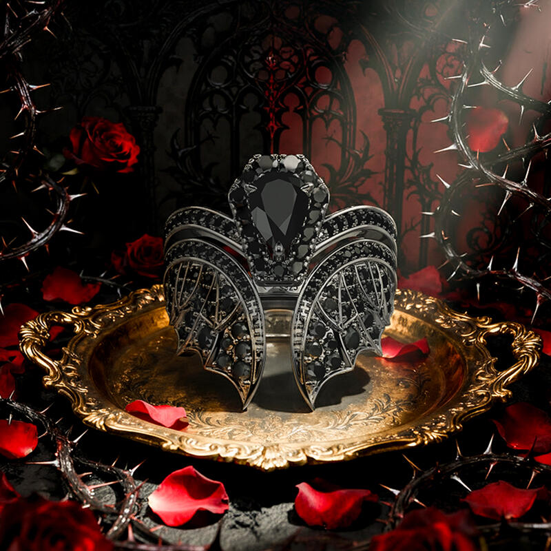 Jeulia Juego de Anillos de Compromiso Único Forma de Ataúd con Murciélago Negro