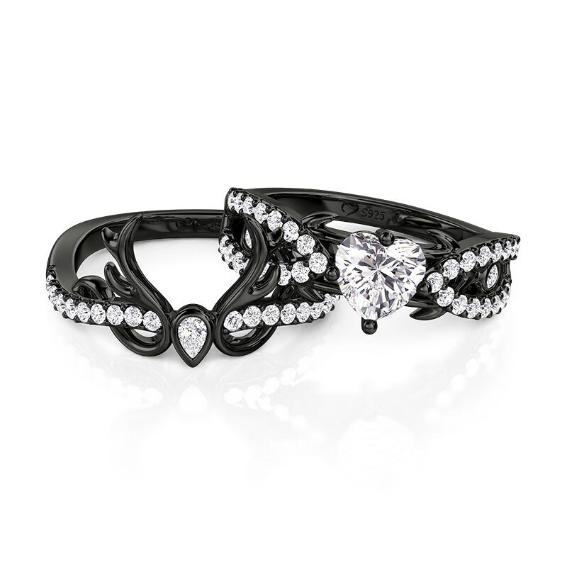 Jeulia Juego de 2 Anillos Corazón Espina Negro Gótico