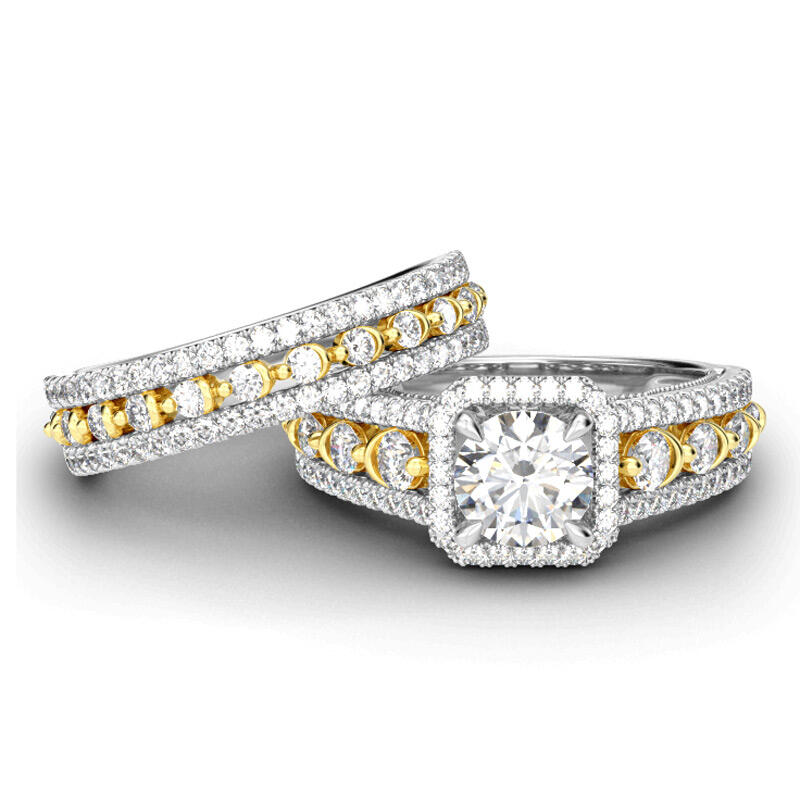 Jeulia Two Tone Halo Round Cut Sterling Silver Ring Set