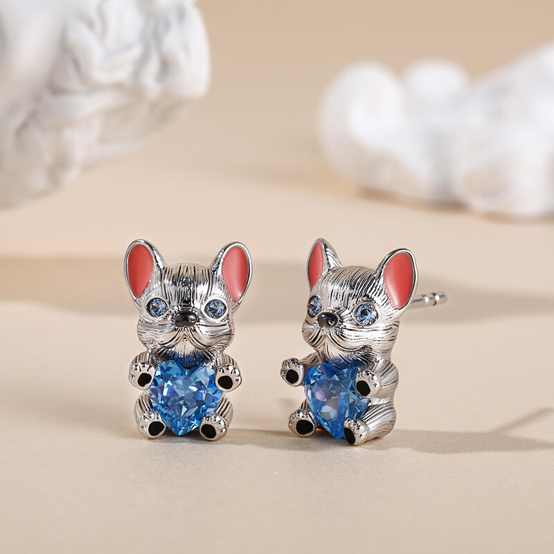 Jeulia Hug Me Pendientes con bulldog francés con corazón azul de plata de ley