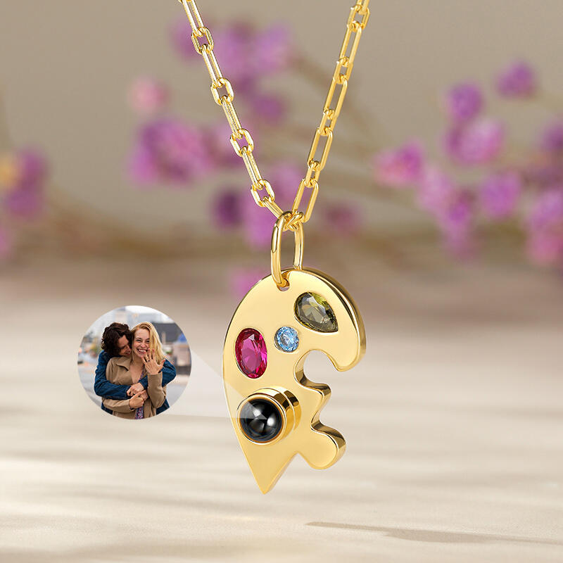 Jeulia Half Heart Puzzle Design Personalized Photo Projection Sterling Silver Necklace