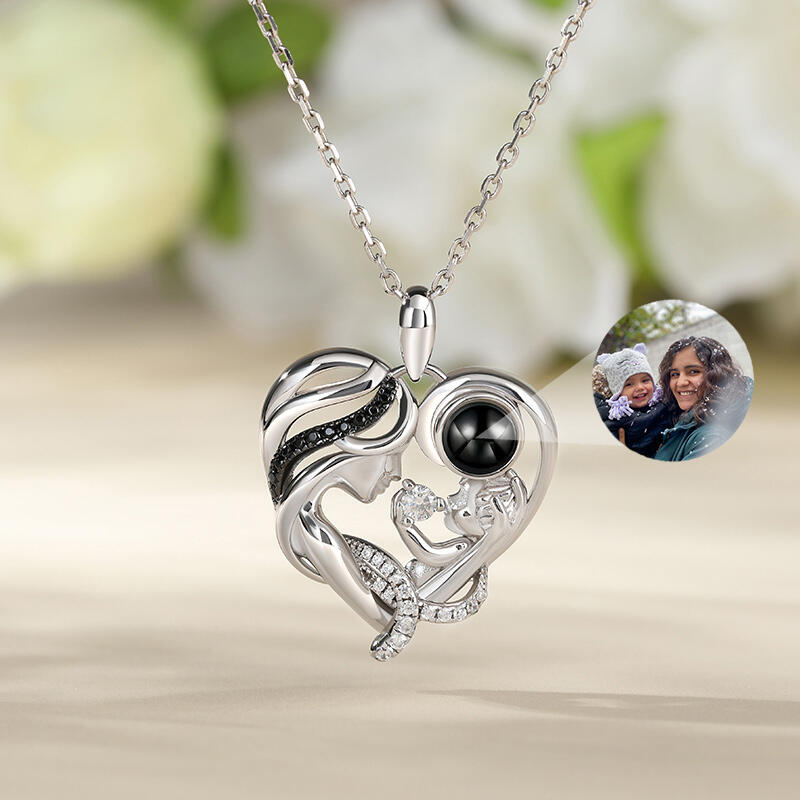 Jeulia "Warmest Protection" Mom & Baby Heart Personalized Photo Projection Sterling Silver Necklace