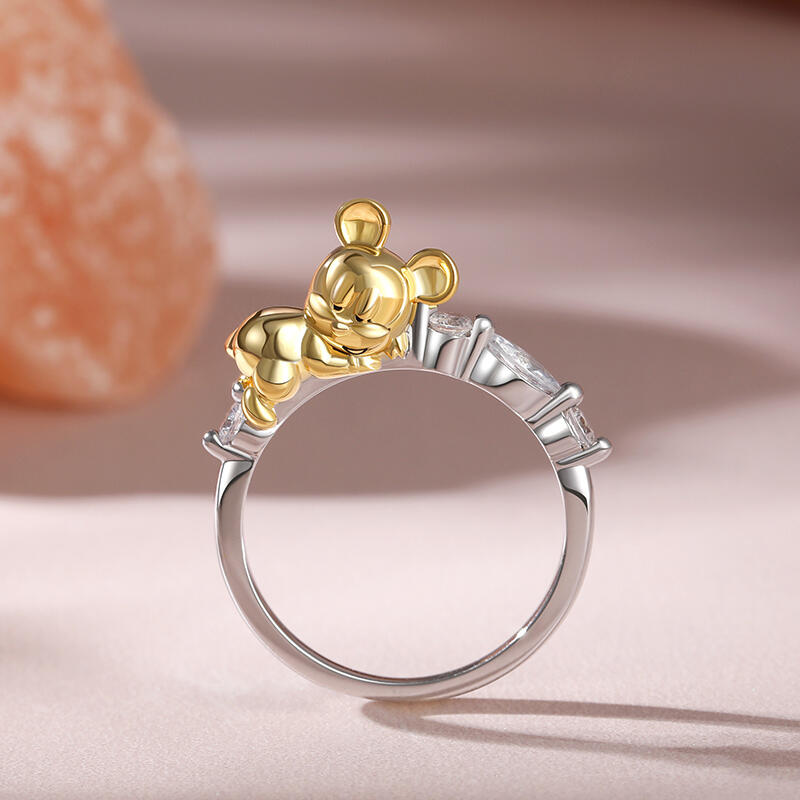 Jeulia Anillo de Plata de Ley de Dos Tonos con Ratón de Dibujos Animados