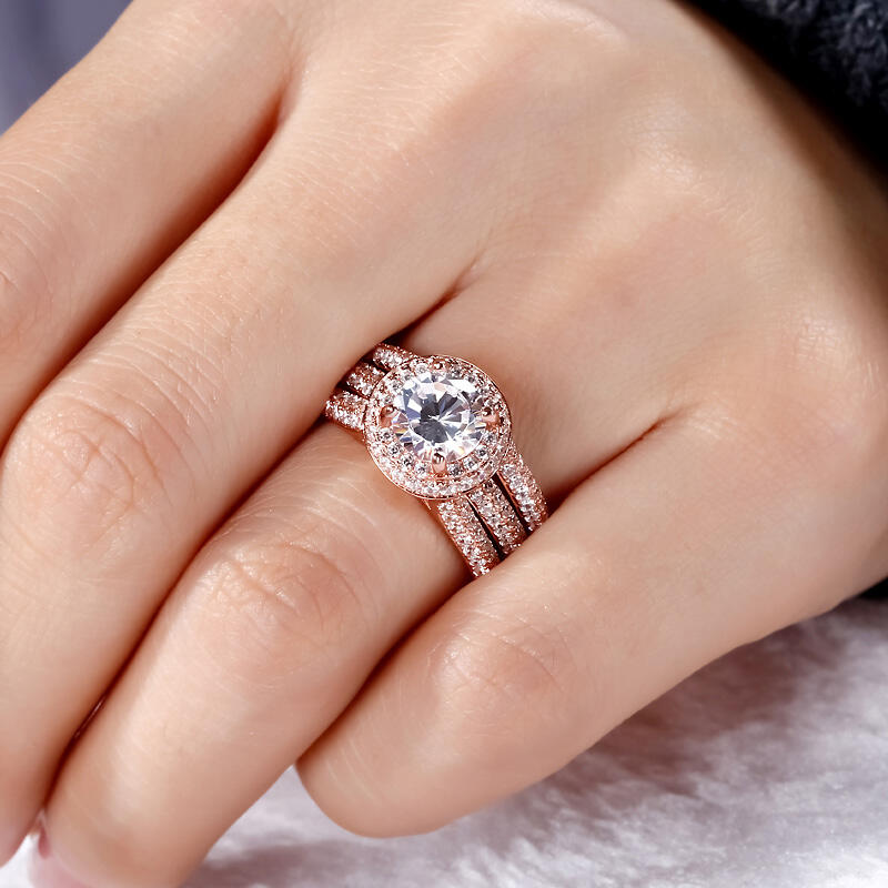 Jeulia Rose Gold Tone Halo Round Cut Sterling Silver Ring Set